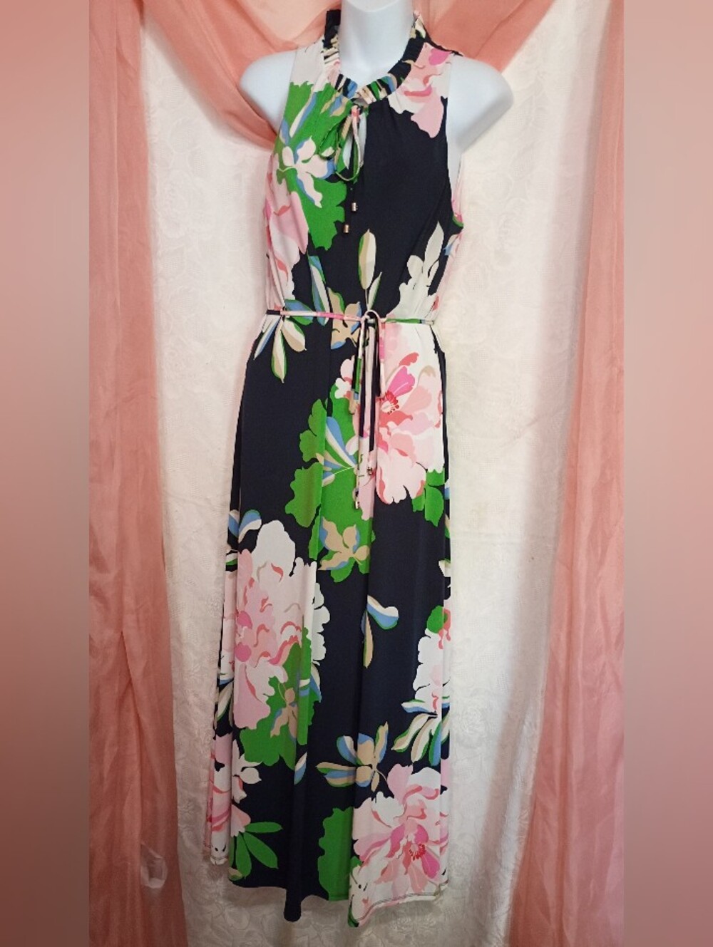 Tommy Hilfiger Ladies Navy Maxi Dress w/ Pink & Green Floral Print Sz 10